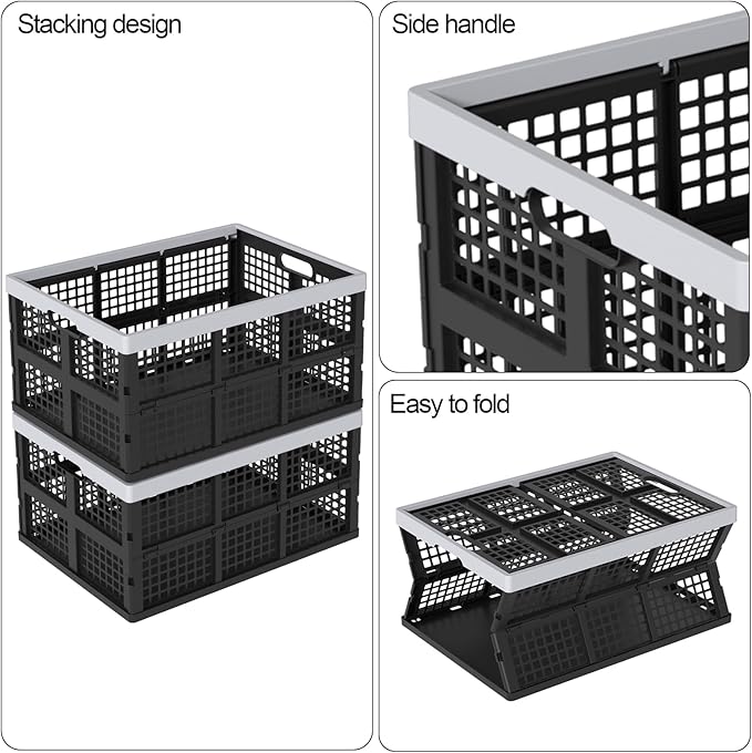 4 Packs 66 L Plastic Collapsible Storage Crates, Large Folding Stackable Crate
