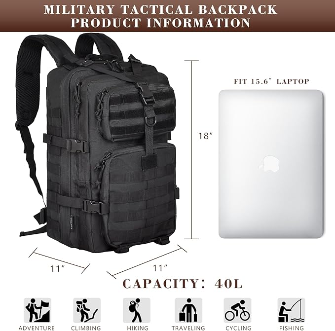 40L Military Tactical Backpack for Men, Tactical Laptop Backpack with Molle Waterproof, Army 3 Days Assault Pack & Bug Out Bag for Hiking (09-Black)
