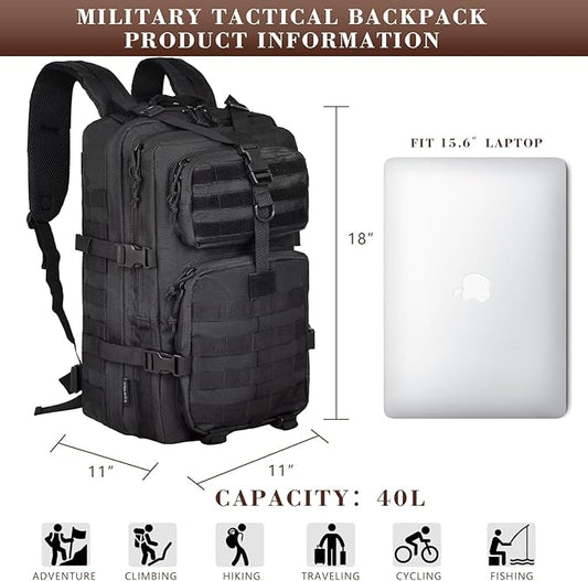 40L Military Tactical Backpack for Men, Tactical Laptop Backpack with Molle Waterproof, Army 3 Days Assault Pack & Bug Out Bag for Hiking (09-Black)