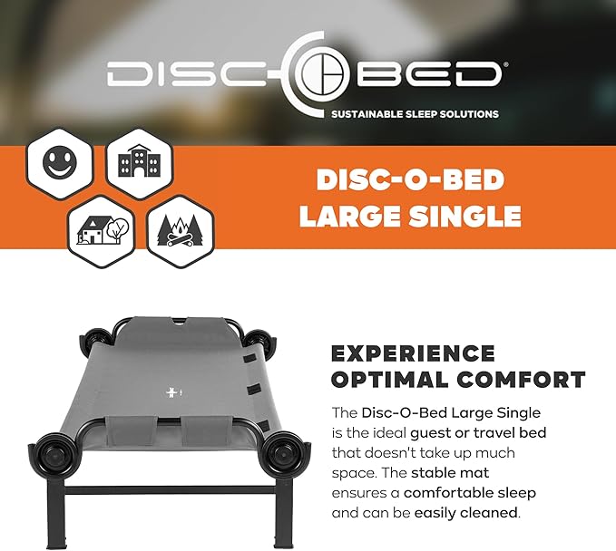 Disc-O-Bed Large Outdoor Modular 1 Person Single Camping Cot Portable Bed for Adults, Sleep Solution for Tents, Grey