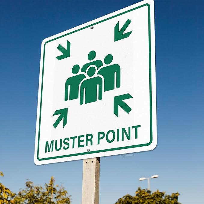 Muster Point Sign with Pre-Drilled Holes 18 × 18 Inches Heavy-Duty Aluminum Reflective Waterproof Signage for Warehouse School Hospital