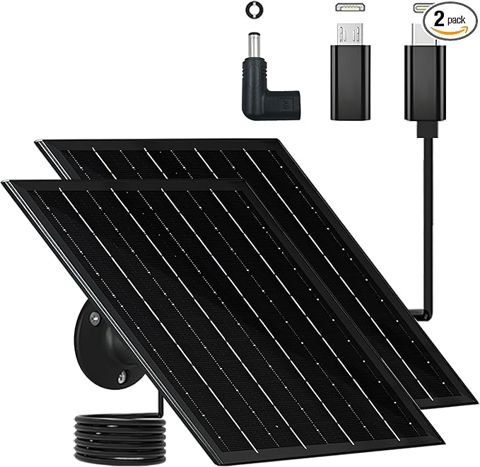 Solar Panel for Security Camera 5V 6W USB Solar Panel Charger Type-C Port、Micro USB Port＆DC Port Solar Sanels for Cameras with 9.8ft Charging Cable Charging Power IP65 Waterproof (2 Pack Black)