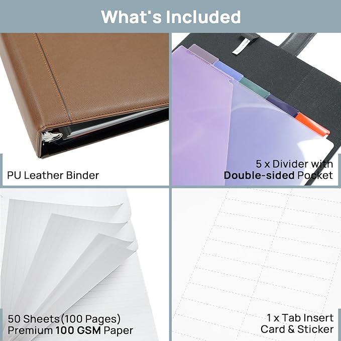 POPRUN PU Leather 2 Inch 3 Ring Binder, Professional Business Organizer- Includes PP Dividers, 100GSM / Grade AA Filler Papers, Card &Sticker for Tab- Ideal for Office Presentation Meetings, Brown