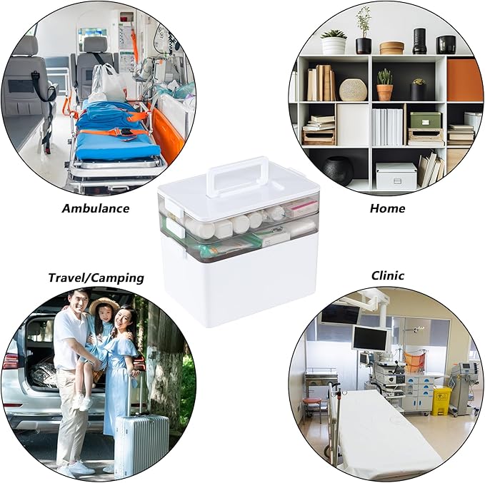 Begale Large Medicine Storage Box, 3-Tier Portable Medicine Cabinet Organizer, Plastic First Aid Box with Handle, White