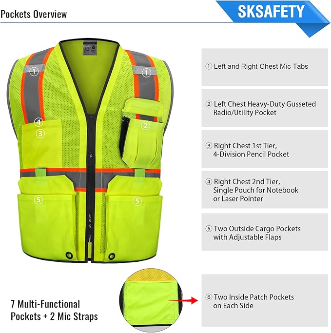 SKSAFETY Professional Class 2 High Visibility Safety Vest With Zipper - 10 Pockets, Reflective Strips, ANSI/ISEA Standard, Construction Work (Lime, 5XL)
