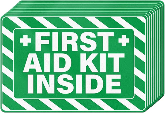 10 PCS First Aid Kit Inside Stickers 6 × 4 Inches Vinyl Emergency Medical Sign Waterproof Self Adhesive Fade Resistant Signage for Home Office Business Workplace