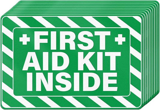 10 PCS First Aid Kit Inside Stickers 6 × 4 Inches Vinyl Emergency Medical Sign Waterproof Self Adhesive Fade Resistant Signage for Home Office Business Workplace