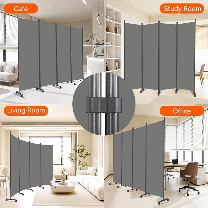 Room Divider 88''W Wall Divider for Room Partition (Heavy Duty Base) 4 Panel Partition Room Dividers, Freestanding Room Divider Screen Separation W/Wheels Folding Privacy Screen Panel Space Separator