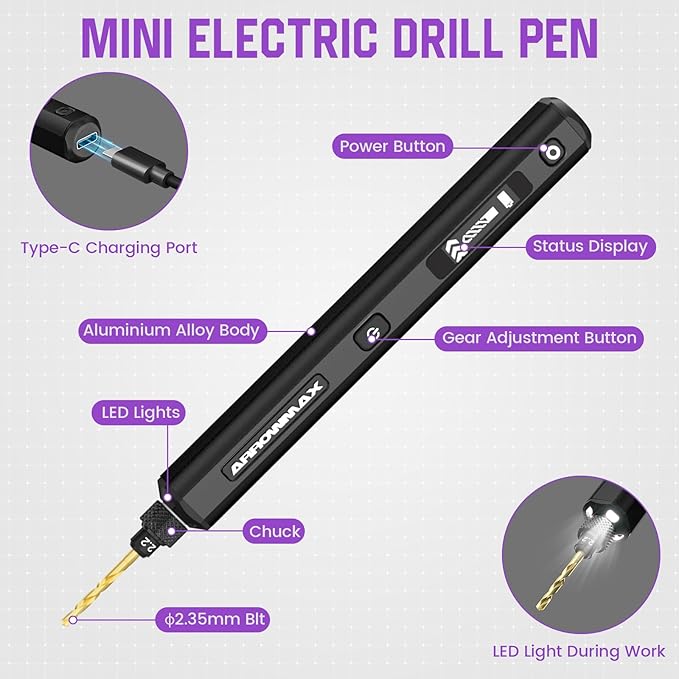 AM ARROWMAX Mini Electric Drill Pen, 5-Speed, 10 Titanium-Coated Steel Bits, LED Lights, OLED Display, 5V USB-C，(SDS), Black