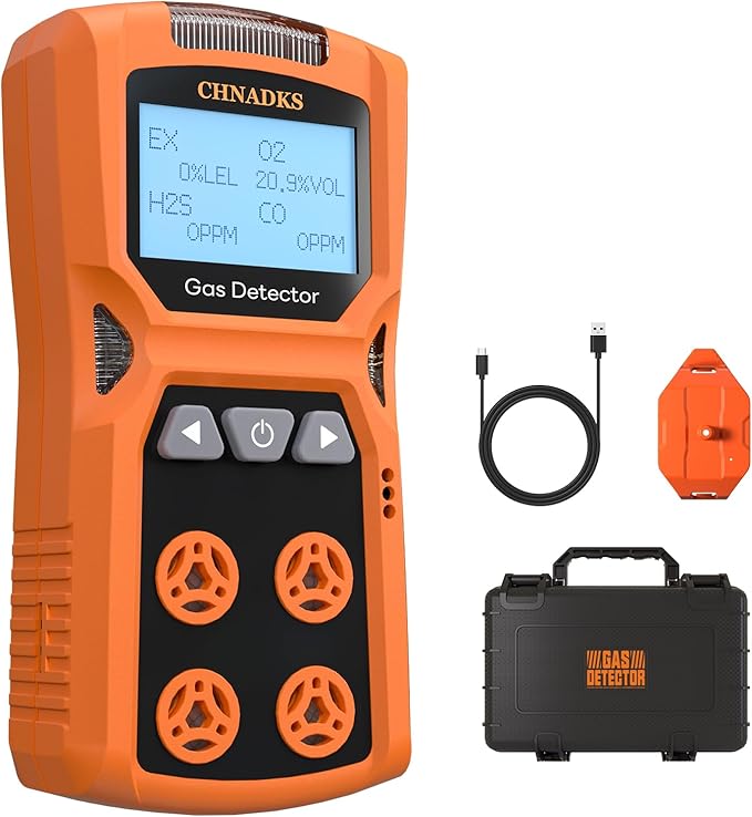 ADKS-4 Portable Gas Detector, 4 Gas Monitor H2S,O2,CO and LEL Multiple Indicator with Vibration, Audible, Visual 4 Gas Monitor Personal Rechargeable Gas Sniffer Alarm with LCD