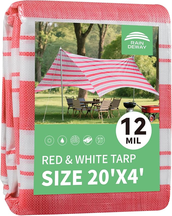 RAINDEWAY Tarps 4x20 Feet,12 Mil Sunshade Striped Tarp Waterproof,Multipurpose Poly Tarp Cover with Grommets and Reinforced Edges,Red/White Tarps