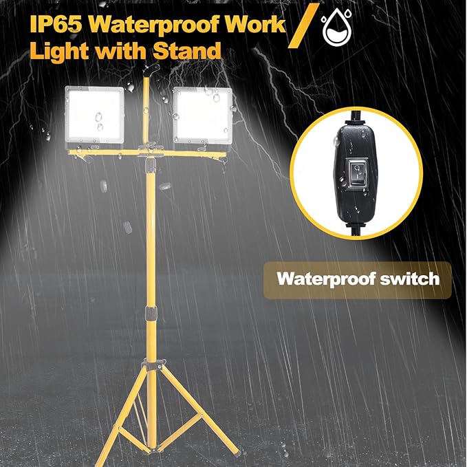 30000 Lumen LED Work Light with Stand, 2-Head Adjustable Work Lights with 16.5FT Extended Cord, IP65 Waterproof Work Lamp for Indoor & Outdoor Job Sites, Workshops, Construction, Garage Lighting