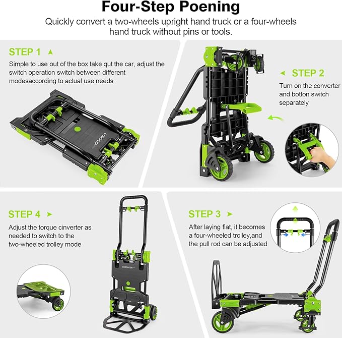 2-in-1 Folding Hand Truck Dolly 330LB Load Carrying, Hand Truck Foldable Dolly with Retractable Handle and 4 Rubber Wheels, Portable Folding Hand Cart for Moving/Travel/Office(Green)