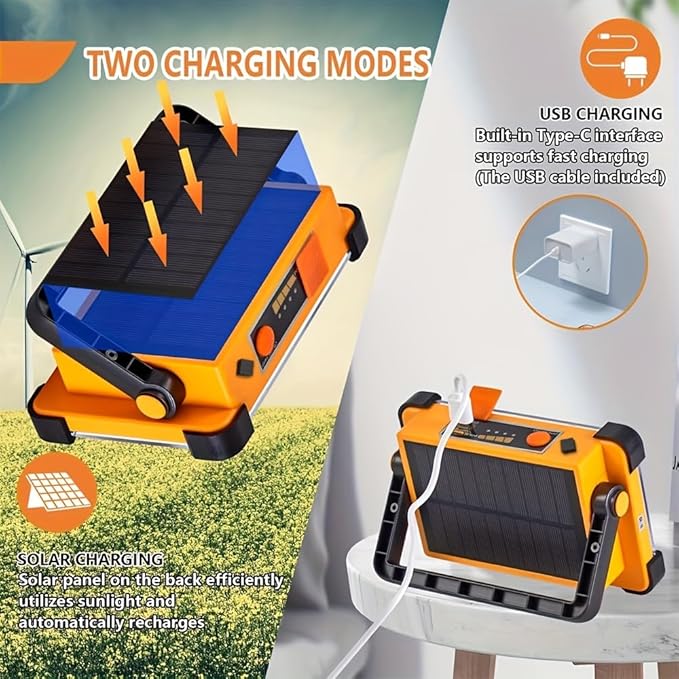 120W LED Solar Work Light, 144 LED 10000LM Portable Flood Light with Stand, 4 Modes Rechargeable, IP65 Waterproof Outdoor Working Light for Camping, Fishing, Car Repair & Mechanics (1)
