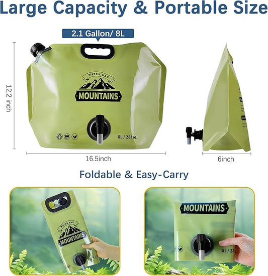 Water Jug Camping 2.1 Gallon Collapsible with Spigot, BPA Free Portable Water Pouch Foldable Water Bags for Outdoor Hiking, Travel and Emergency & Water Storage Containers (Green-1Pcs)
