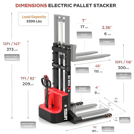 Full Electric Forklift Walkie Pallet Stacker with Fixed Straddle Legs and Adjustable Forks 5.50 Inch to 27 Inch – Material Lifter 3300lbs Capacity 10 Ft/118 Inch Lifting Heights (US-ES33K-118)