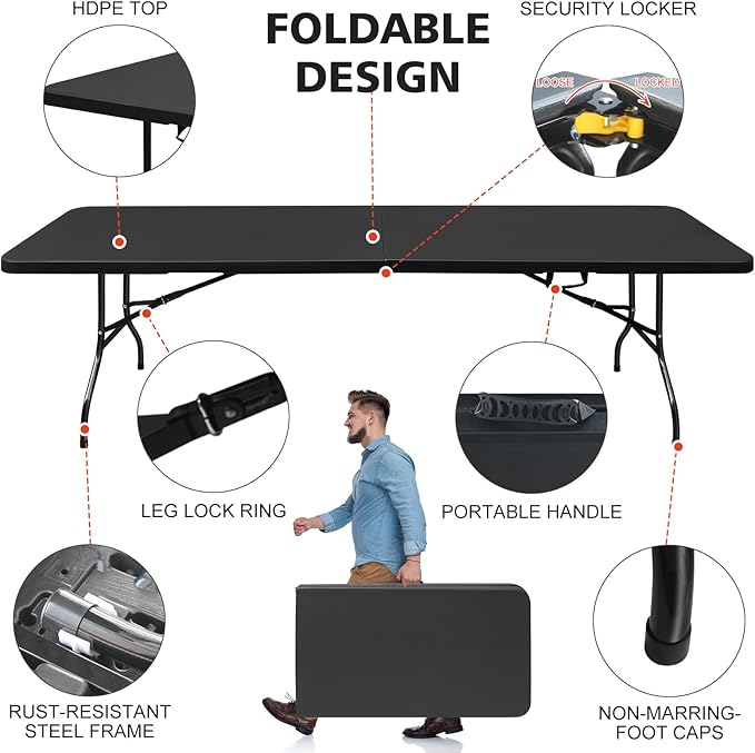 Portable 8Ft Plastic Folding Table, Heavy Duty 8ft Fold-in-Half Table with Carrying Handle, 8' Folding Utility Foldable Table for Picnic Party Camping Kitchen, Indoor/Outdoor (Black)