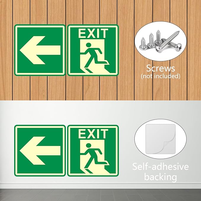 4 Pack Green 6"x6" PVC Emergency Exit Signs, Glow In The Dark, Adjustable Orientation, Waterproof & Dustproof, Easy Install with Adhesive Backing