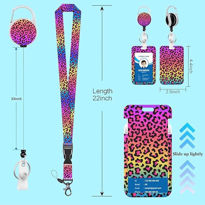 Rainbow Leopard Print Badge Holder Lanyard ID Card Holders Detachable Name Tag Clips Cute Funny Nurse Teacher Office Gifts Women Man Cate Badge Holder (Leopard Print)