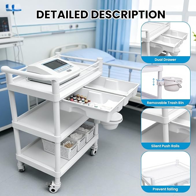 3 Tiers Medical Carts with 4 Wheels, Heavy Duty 330LBS Rolling Utility Cart with 2 Drawers, Trash Cans & Dirt Buckets, Medical Mobile Trolley Cart for Dental Clinics, Hospital and Beauty Salon