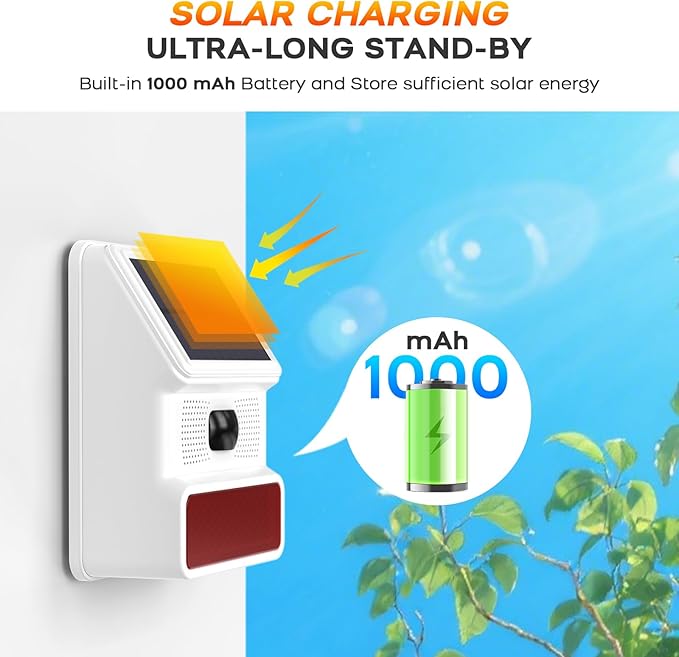 PGST Solar Alarm Motion Sensor,Outdoor Alarm Siren with Flashing Light,IP65 Waterproof,Remote Control,21 Sound Switching Options,120dB Loud Noise Maker for Farm,Yard,Garden,Fish Pond