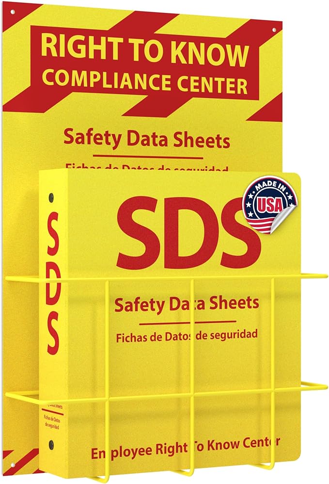OSHA-Compliant SDS/MSDS Binder with Wall Mount, 2inch 3-Ring, High-Visibility Yellow & Red, Holds up to 400 Sheets, Bilingual (English/Spanish), Durable & Easy to Install for Workplace Safety