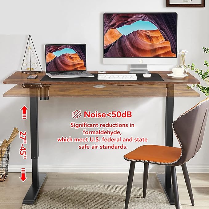 Electric Adjustable Height Standing Desk, 48×24 Inches Sit Stand Desk with Power Socket, 2 USB Ports, 3 Power Outlets, 4 Wheels,4 Memory Buttons Home Office Computer Workstations (Brown)