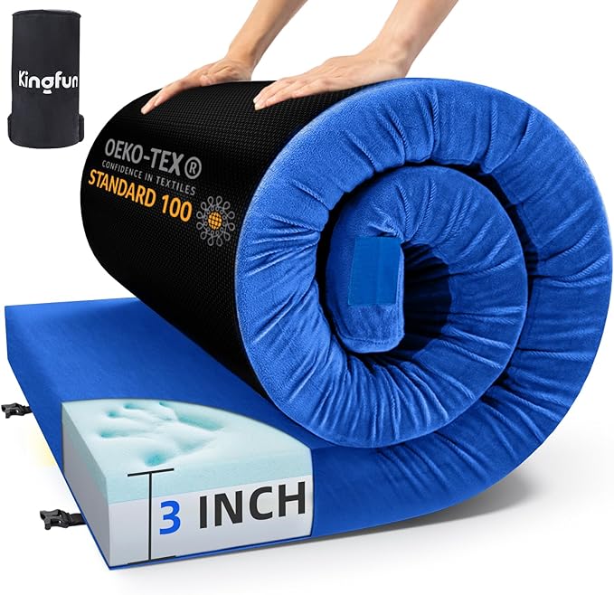 Kingfun 3 Inch CertiPUR-US Memory Foam Camping Mattress, Waterproof Roll up Sleeping Pad for Adults, Comfortable Thick Floor Sleeping Mats for Car Truck Tent with Removable Travel Bag