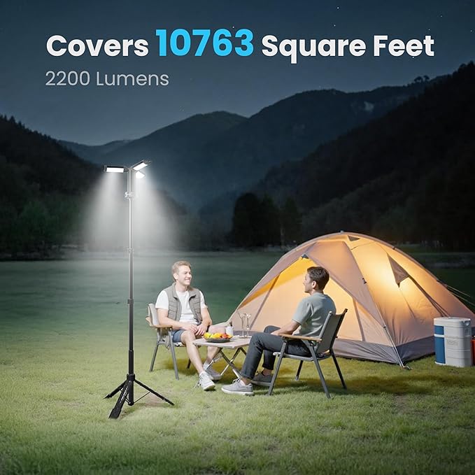 CAVN Rechargeable Camping Lights with Remote & Detachable Tripod Max Height 6.7 ft, Portable Work Light with 3 LED Lamp Heads, Camping Essentials Gear Emergency Flashlight with Hook, Black