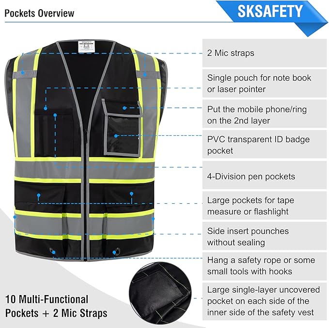 SKSAFETY 10 Pockets Safety Vest, Class 2 High Visibility Security with Zipper, Hi Vis Vest with Reflective Strips, ANSI/ISEA Standard, Construction Work Vest for Men ＆ Women （Black, 3XL）