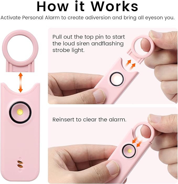 Personal Safety Alarm - 135dB Ultra Loud Siren with LED Strobe Light, USB-C Rechargeable, Compact Keychain Alarm for Women/Men, Emergency Flashlight & Vibration Alert(Pink)