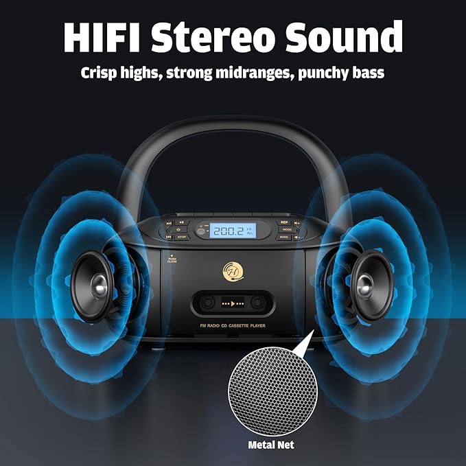 CD Cassette Player Combo, Hernpark Rechargeable Boombox with Bluetooth 5.1, Tape Recording, FM Radio, Super Bass, Stereo Sound, Aux/USB Drive, Headphones Jack, Boom Box for Indoor Outdoor