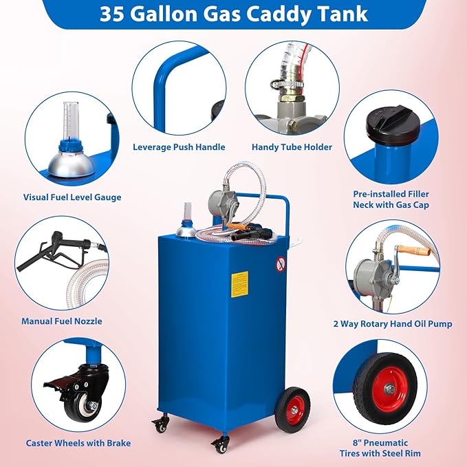 Upgraded 30 Gallon Fuel Caddy, Manual Hand Pump & Easy-Roll Wheels, Heavy-Duty UV-Resistant Steel Tank for Gas & Diesel, Portable Fuel Storage for Tractors, Mowers, Boats