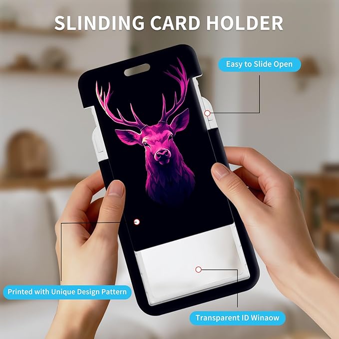 ID Badge Holder with Retractable Lanyard for Women & Men,Vertical ID Card Holder Wallet,Clear Window&Card Slot,Detachable Neck Strap for Nurse Teacher Office,Neon Pink Deer