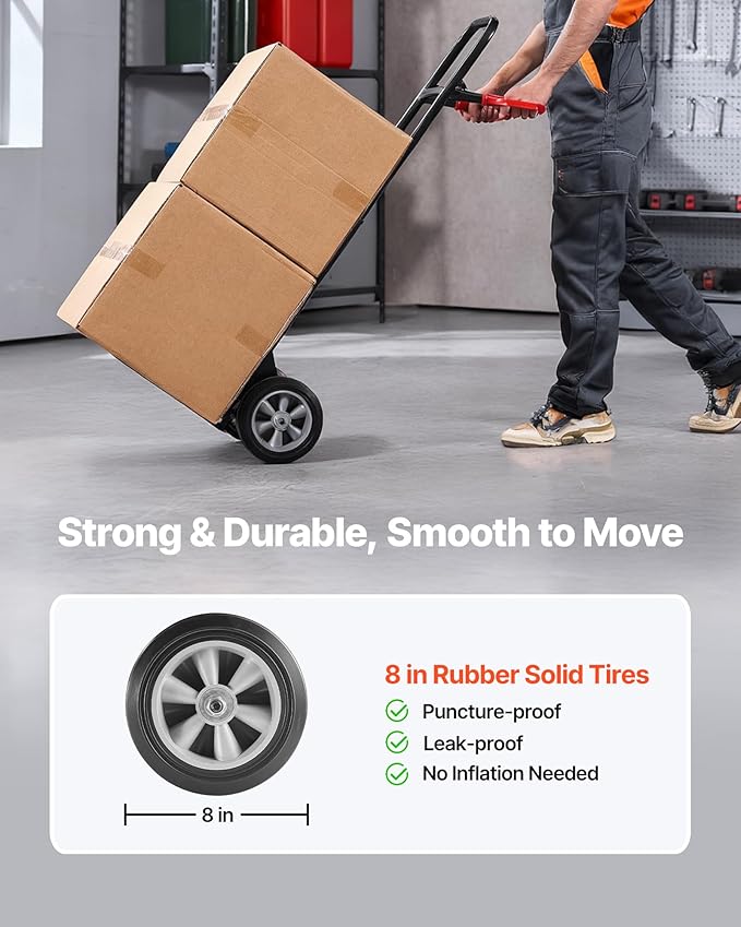 VEVOR Steel Pneumatic Hand Truck Dolly, Convertible Heavy-Duty Moving Dolly Cart with Handle, 600 LBS Portable Trolley Dolly with Tie-Down Strap for Moving Home, Office, Warehouse, Supermarket