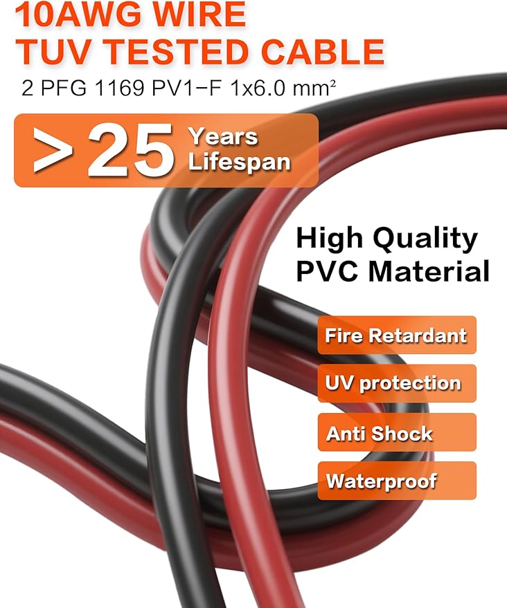 20Feet 10AWG Solar Extension Cable with Female & Male Connectors 6mm Solar Panel Weatherproof Wires for Solar Panels RV Marine Camper Ferry Black & Red PV Tinned Copper Extension Cord Kit