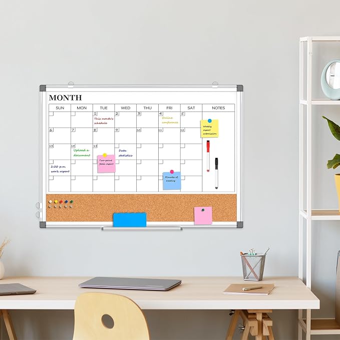 Monthly Calendar Whiteboard Dry Erase Cork Board Combo for Wall, 36" x 24" Magnetic Double-Sided Calendar White Board and Bulletin Board, Portable Board for Office, Kitchen, School, Home