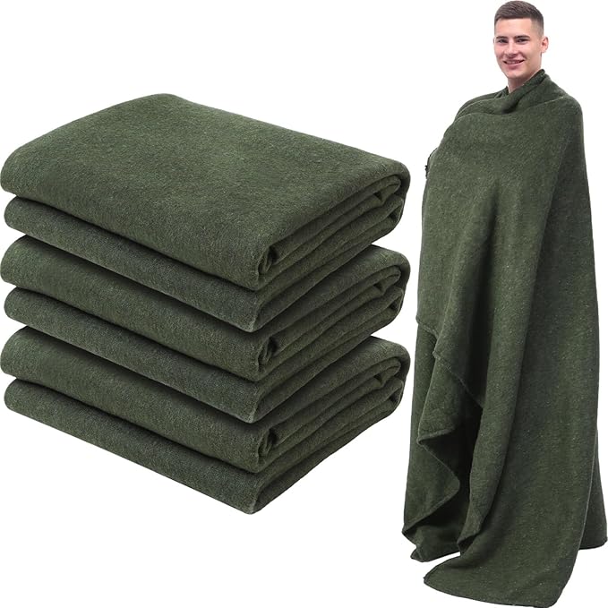 Preboun 3 Pieces Wool Camping Blanket Bulk 60" x 80" Military Wool First Aid Fire Retardant Blanket Queen for Outdoors Camping Stadium Picnics Travel Car Survival Kits(Olive Green)