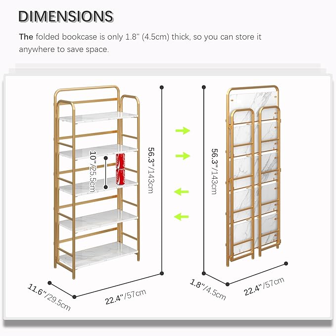 4NM No Assembly Folding Bookshelf, 5 Tiers Collapsible Book Shelves Open Industrial Foldable Storage Bookcase Shelf for Bedroom, Living Room, Home Office - White and Gold