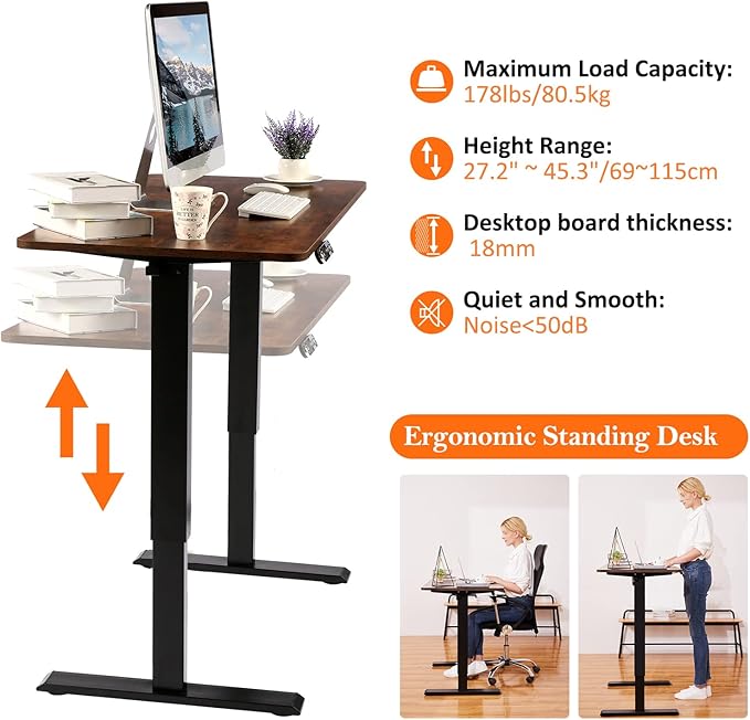 Electric Adjustable Height Standing Desk, 48×24 Inches Sit Stand Desk with Power Socket, 2 USB Ports, 3 Power Outlets, 4 Wheels,4 Memory Buttons Home Office Computer Workstations (Brown)