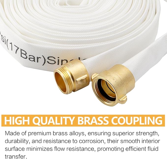 Fire Hose,1-1/2" ID X 75 FT, Single Jacket TPU, 450 PSI Burst Pressure, Industrial Fire Hose with NST/NH Brass Couplings for Indoor Use
