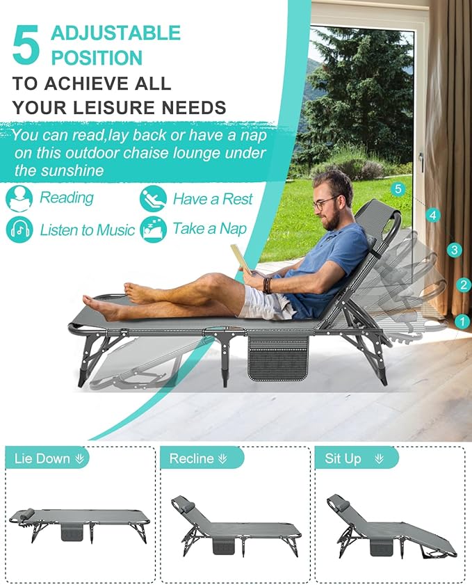 ABORON Patio Lounge Chair, Folding Guest Bed Cot for Adults, 500LB Heavy-Duty Capacity, Portable Extra Bed with Comfort Mat, Quick Fold Design for Indoor Guest Stays & Temporary Use