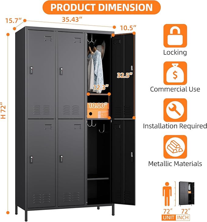 METAN Metal Locker for School Office Gym Bedroom,with Password Lock,6 Doors Steel Storage Lockers Cabinet for Employees,Industrial Storage with 1 Shelf,Assembly Required,Black