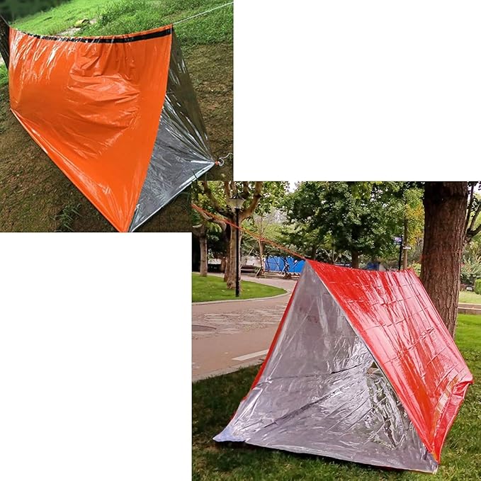1 Piece Survival Shelter, Polyester Film Emergency Tent Survival Kit with String Bundle Pocket Whistle for Hiking, Car Camping（Orange）