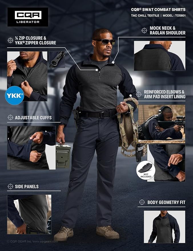 CQR Men's Combat Shirt Tactical 1/4 Zip Long Sleeve Military BDU Shirts Camo EDC Top with Pockets
