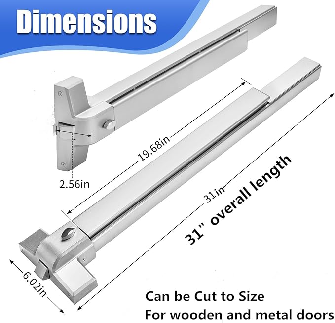 31 Inch Painted Aluminum Panic Bars for Exit Doors - Push Bar Panic Exit Device, Commercial Door Push Bar Locks, Fits Left & Right Handed Wood & Metal Doors