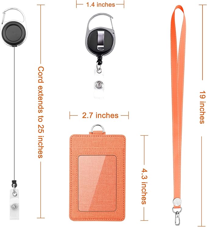 Life-Mate Badge Holder - Leather ID Badge Card Holder Wallet Case with 3 Cards Slot and Neck Lanyard/Strap. Additional Retractable Badge Reel with Belt Clip (Orange, Linen Finish)