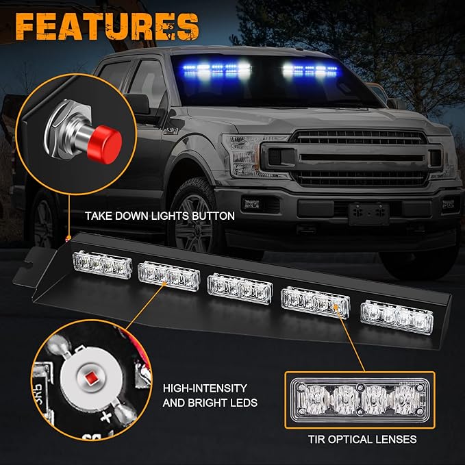 XRIDONSEN Blue White Emergency Visor Lights Warning Flashing Interior Windshield Strobe Lights Bar for Police Firefighter Vehicles Trucks w/Take Down, Deck Split Mount (34 inch, 40 LED)