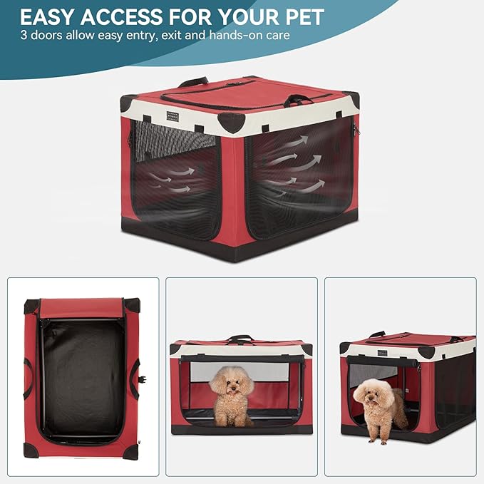 PETSFIT Portable Dog Crate, with Patented Adjustable Fabric Cover, Chewproof & Lockable Mesh Doors, Waterproof Base Portable Kennel Red 26 Inch