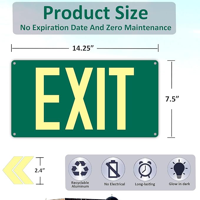 4Pack Photoluminescent Exit Sign Green, 14.25"x 7.5" Aluminum Glow In The Dark Exit Signs with Strong Adhesive Backing and 8pcs Removable Directional Arrows Glow In The Dark,Easy to install.